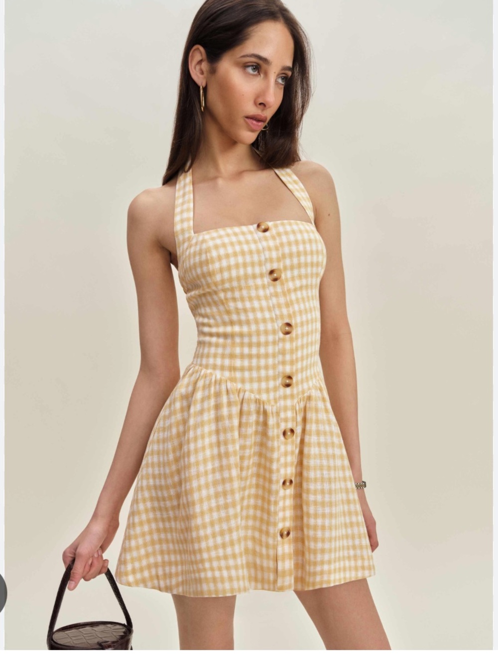 Camila Coelho Yellow Gingham Halter Button Front Mini Dress with Pockets